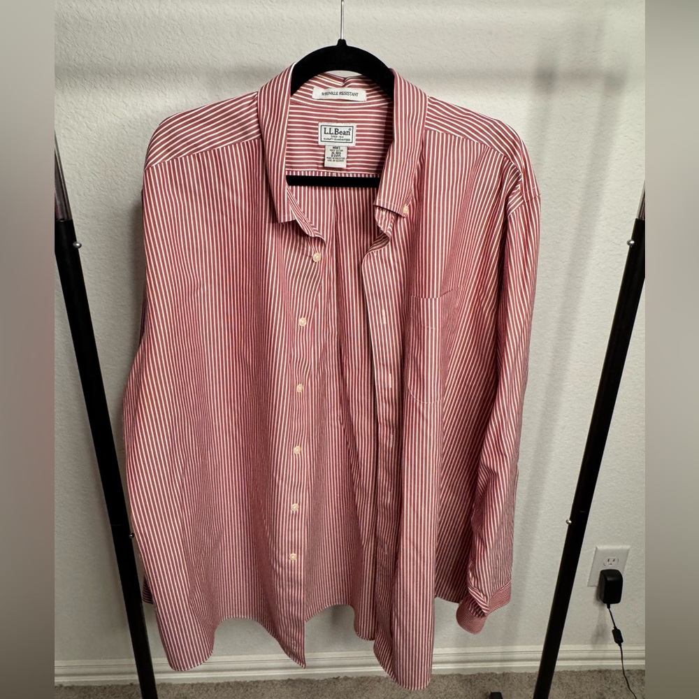 L.L. Bean Men's Red and White Striped Button Down Shirt